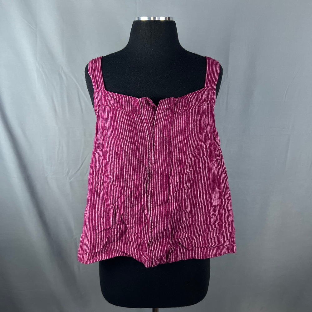 Liz Claiborne Tank Top Womens Large Magenta Striped Linen Boxy Fit Square Neck